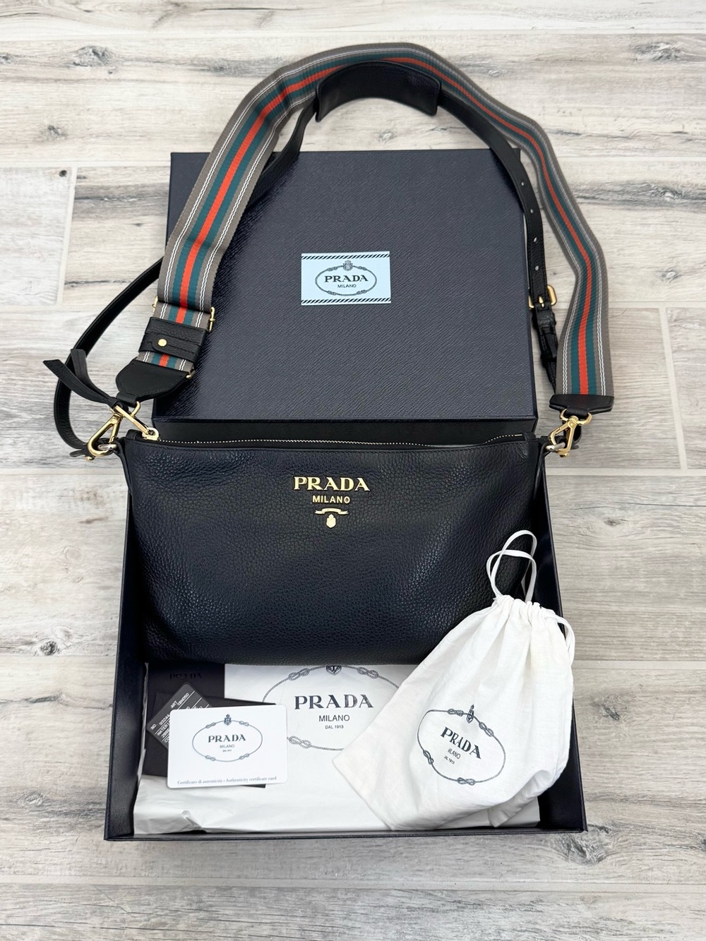 Prada Black Gold Vitello Daino Messenger Crossbody Bag #0075
